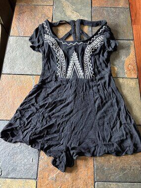 May & July black embroidered boho romper cutout strappy back size S